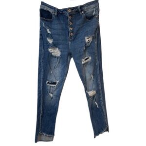 KanCan Medium Wash Distressed Crop Raw Hem Button Front Skinny Jeans Size 15/31